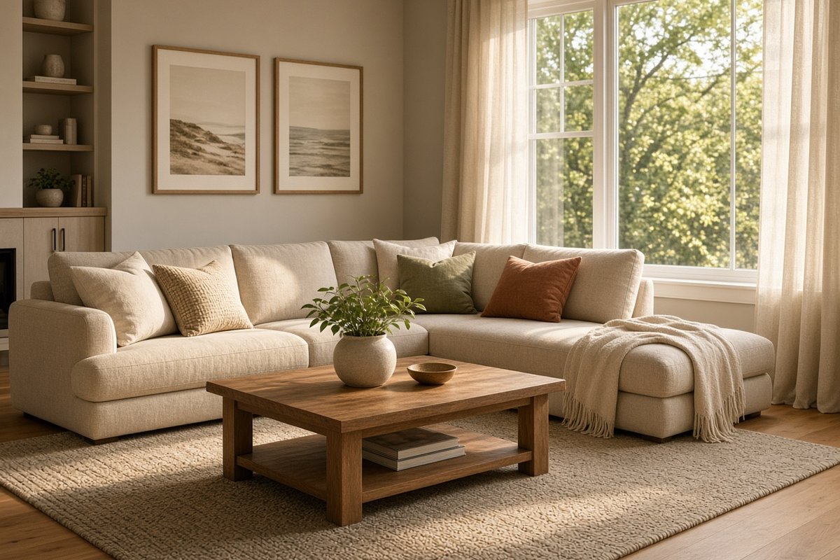 Bright family living room with a beige sofa, wood coffee table, and large window looking onto green trees