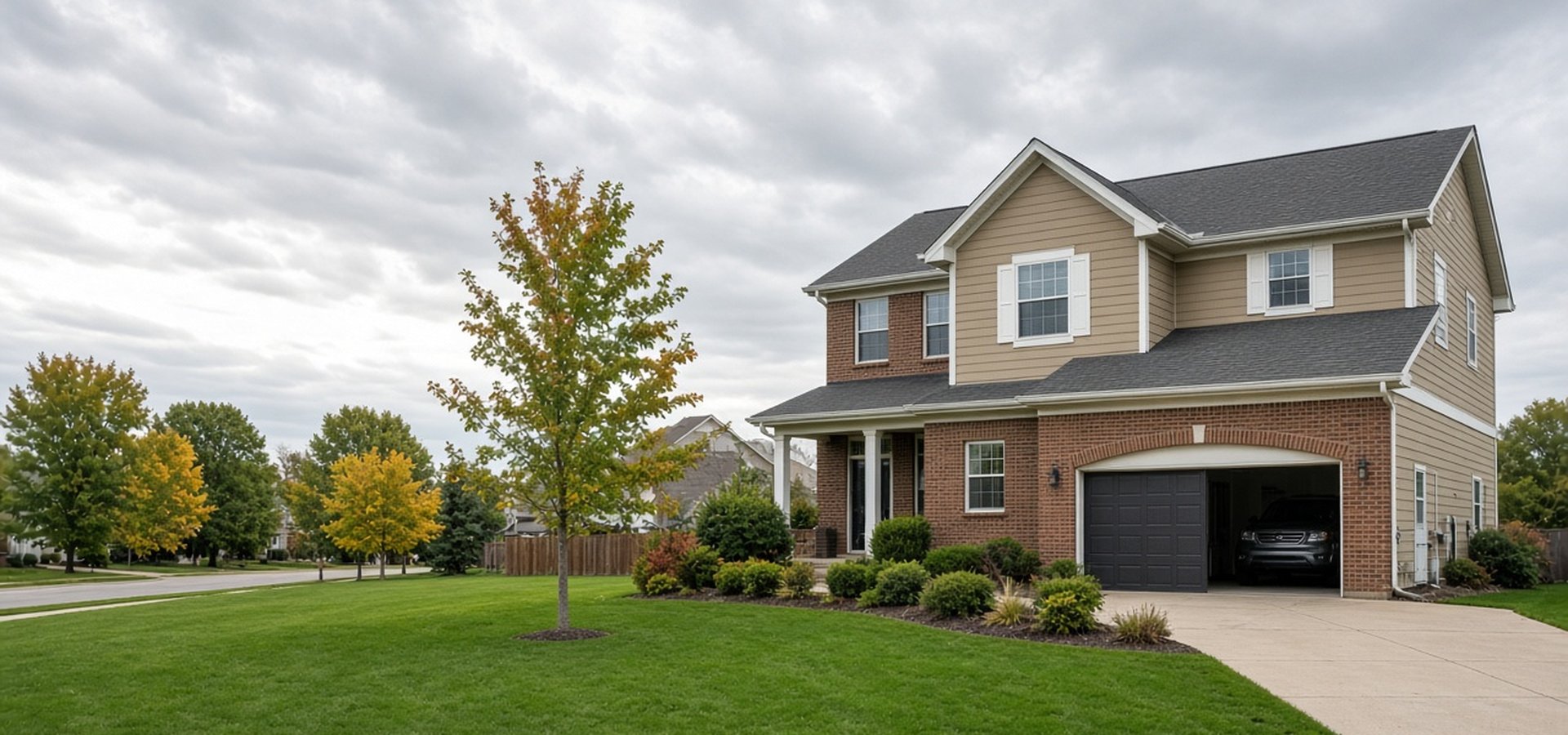 Two-story brick and siding suburban home in central Ohio with autumn trees and open lawn space on the left