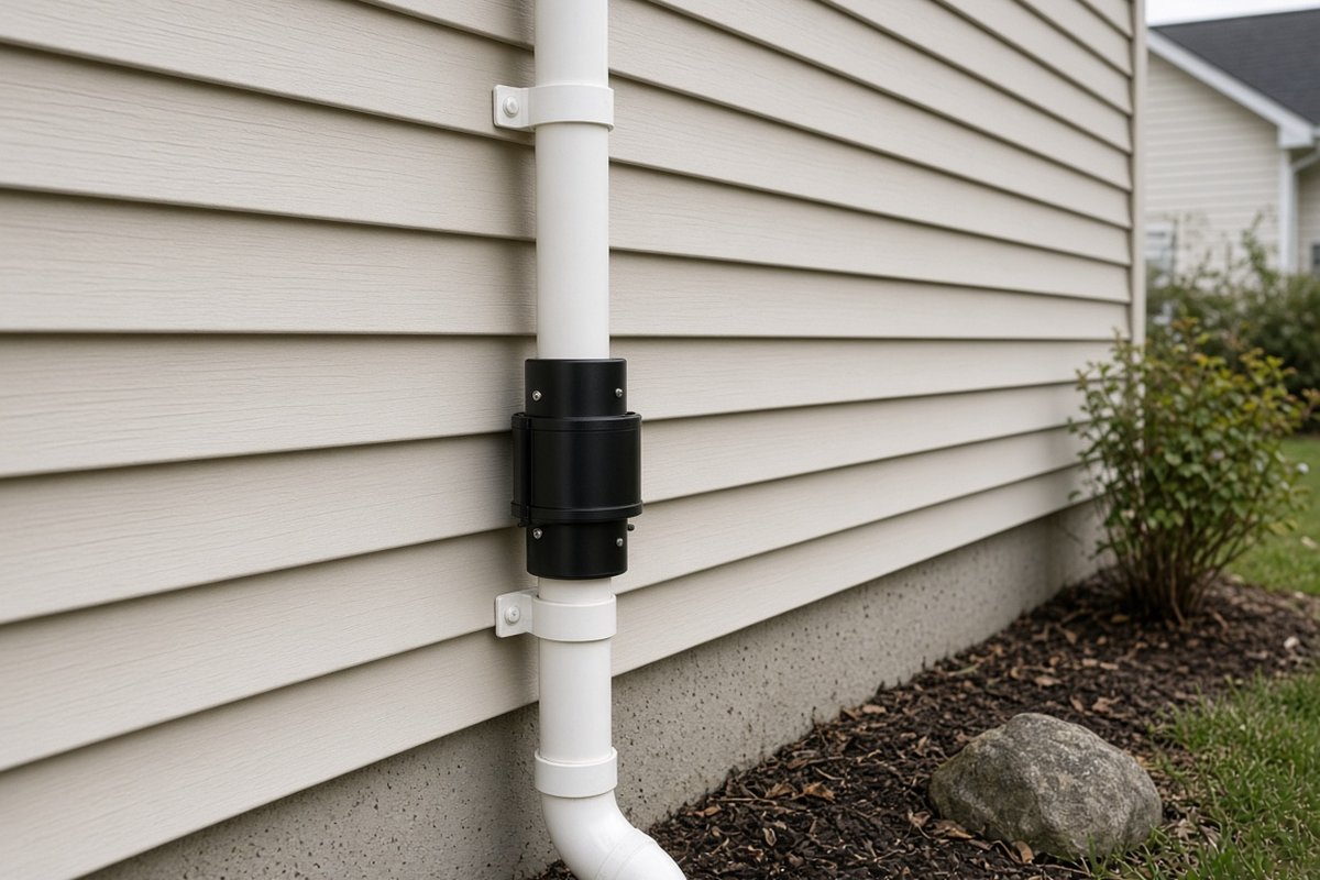 White PVC radon mitigation pipe with a black inline fan mounted on the beige siding of a house